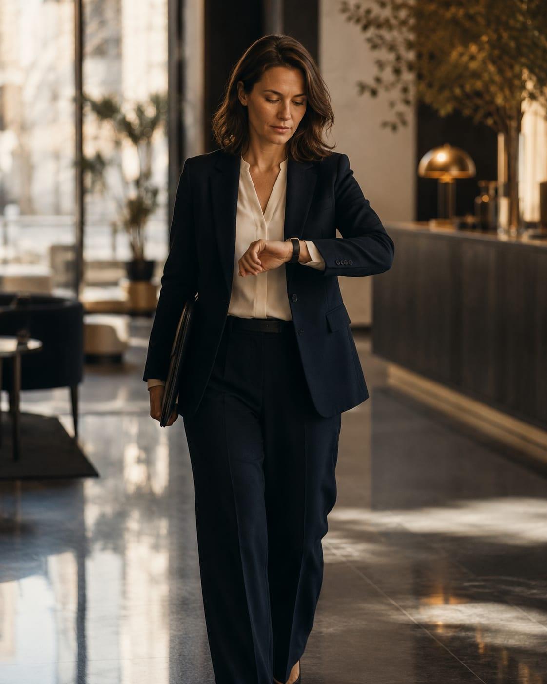 An independent consultant in a navy suit checking the time in a hotel lobby.