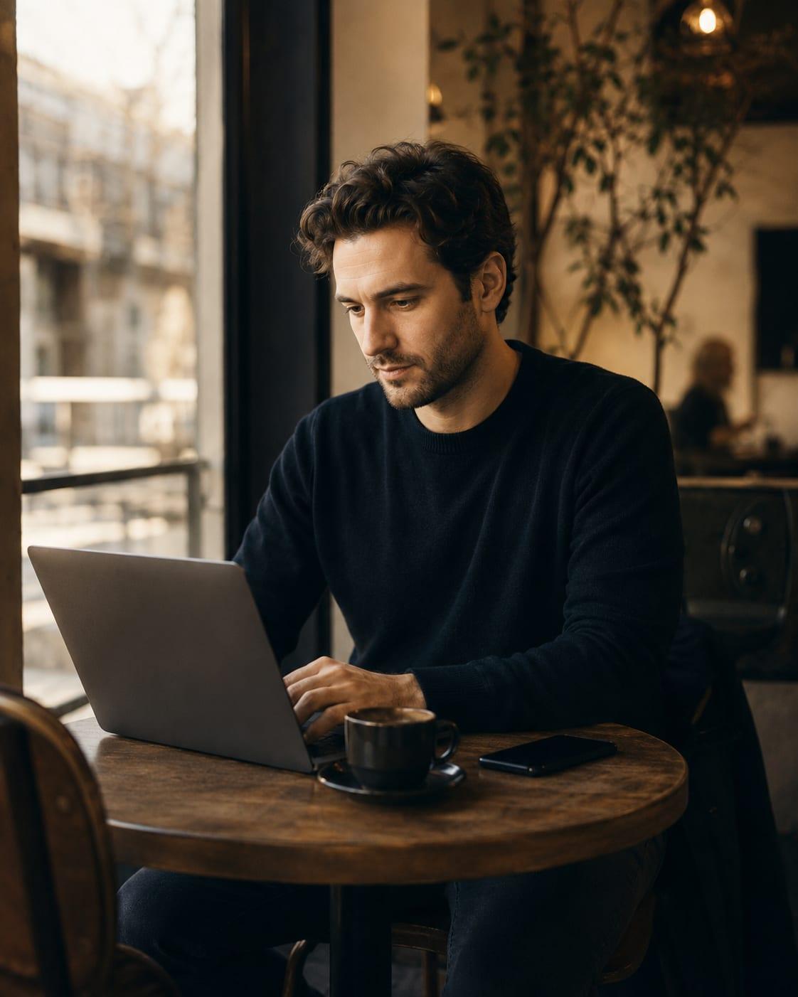 A founder working on a laptop at a café table with coffee and a phone.